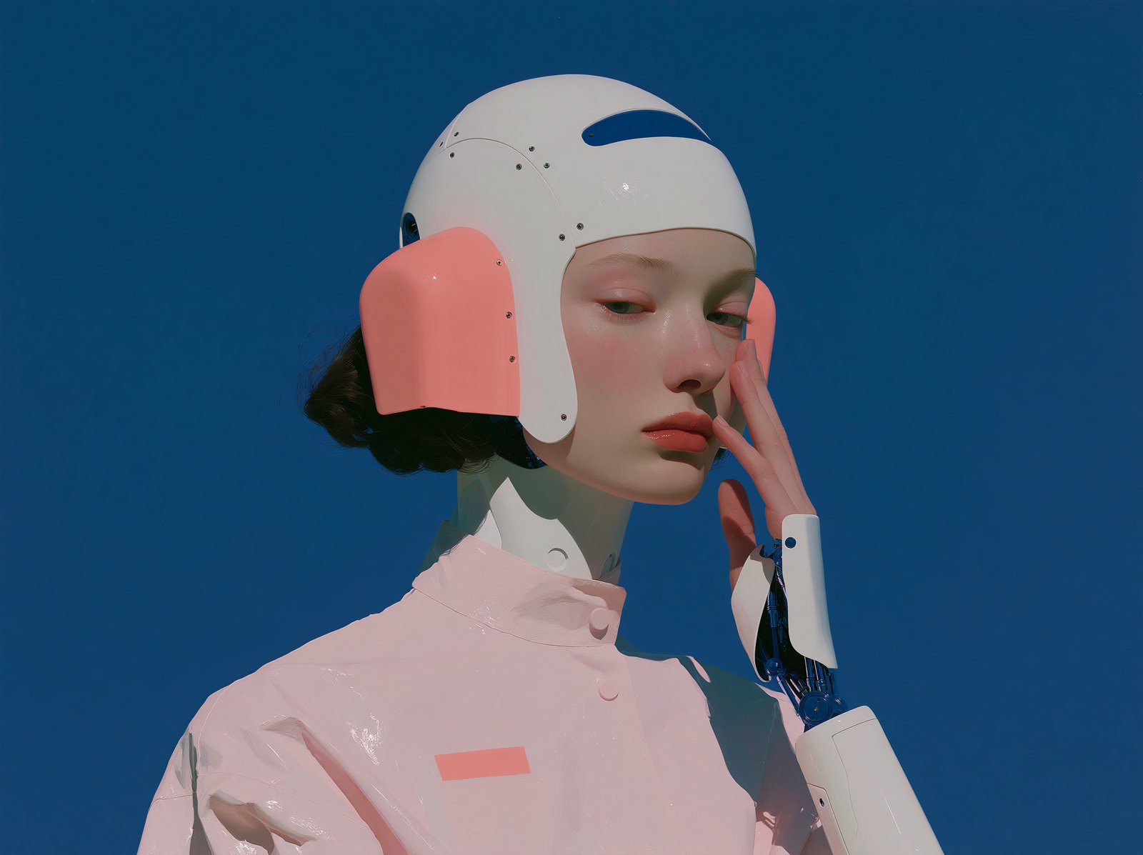 Cover: an autonomous actor, hand raised to its cheek, against a deep blue field